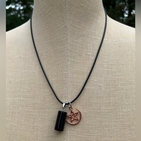 Handmade Obsidian Stone Amulet with Pentagram Star and Moon Charm - Picture 3 of 9